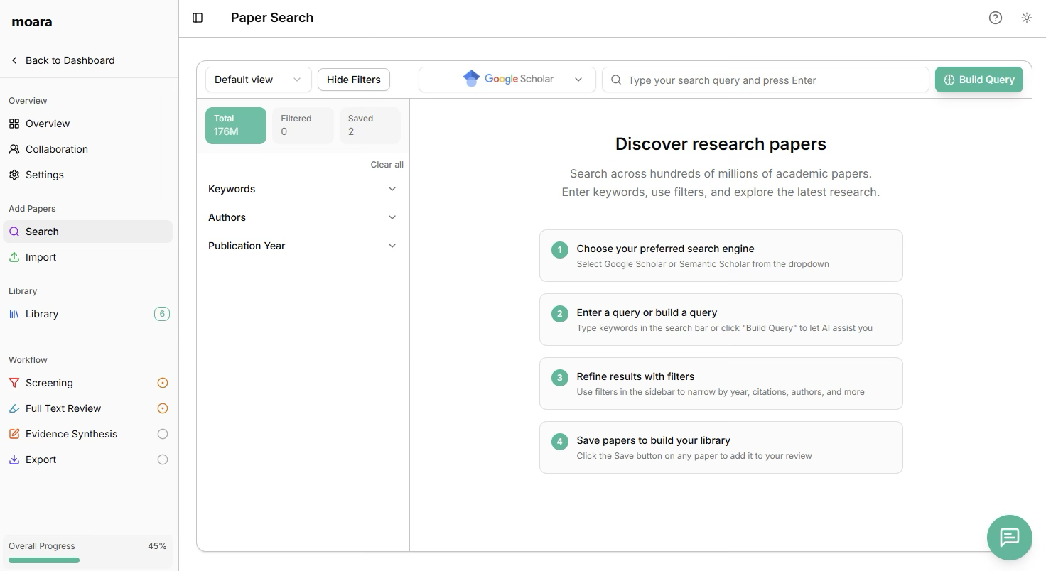 Google Scholar search interface in moara.io