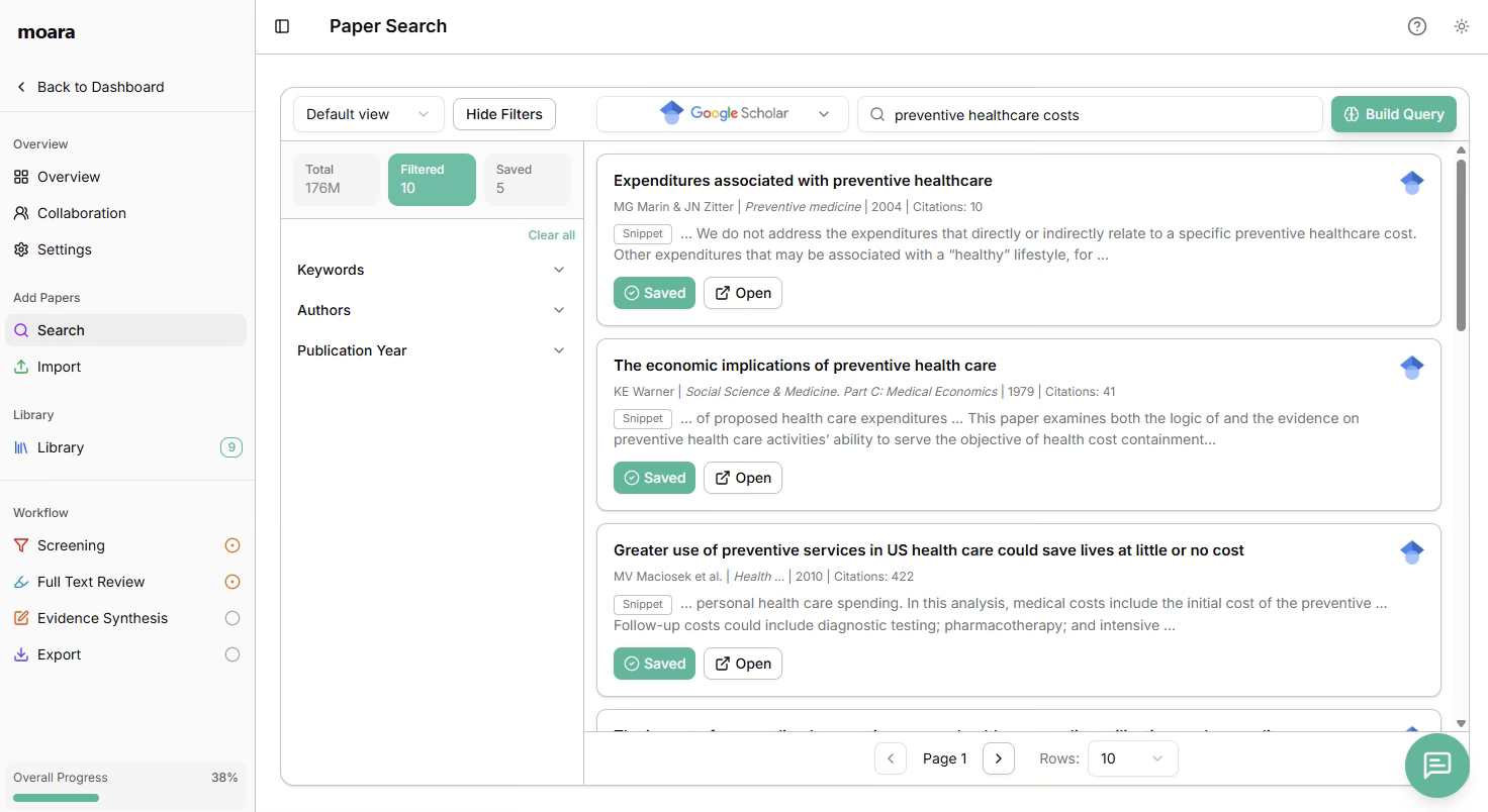 Google Scholar search results in moara.io